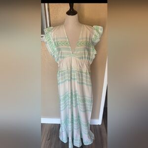 Sail to Sable Aqua and White Jacquard Flutter Sleeve Maxi Dress Light Cotton